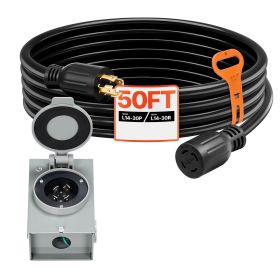 30 Amp Generator Cord and Power Inlet Box, 50 FT, 125/250V NEMA L14-30P to L14-30R Heavy Duty Extension Power Cord, SJTW 10 Gauge 7500W