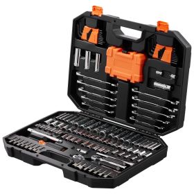 Mechanics Tool Set and Socket Set, 1/4" and 3/8" Drive Deep and Standard Sockets, 145 Pcs SAE and Metric Mechanic Tool Kit with Bits
